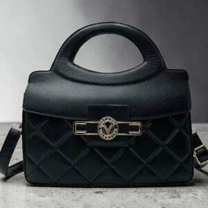 NWT Valentino Orlandi Black Quilted Satchel Top Handle Bag Gold V Logo Clasp